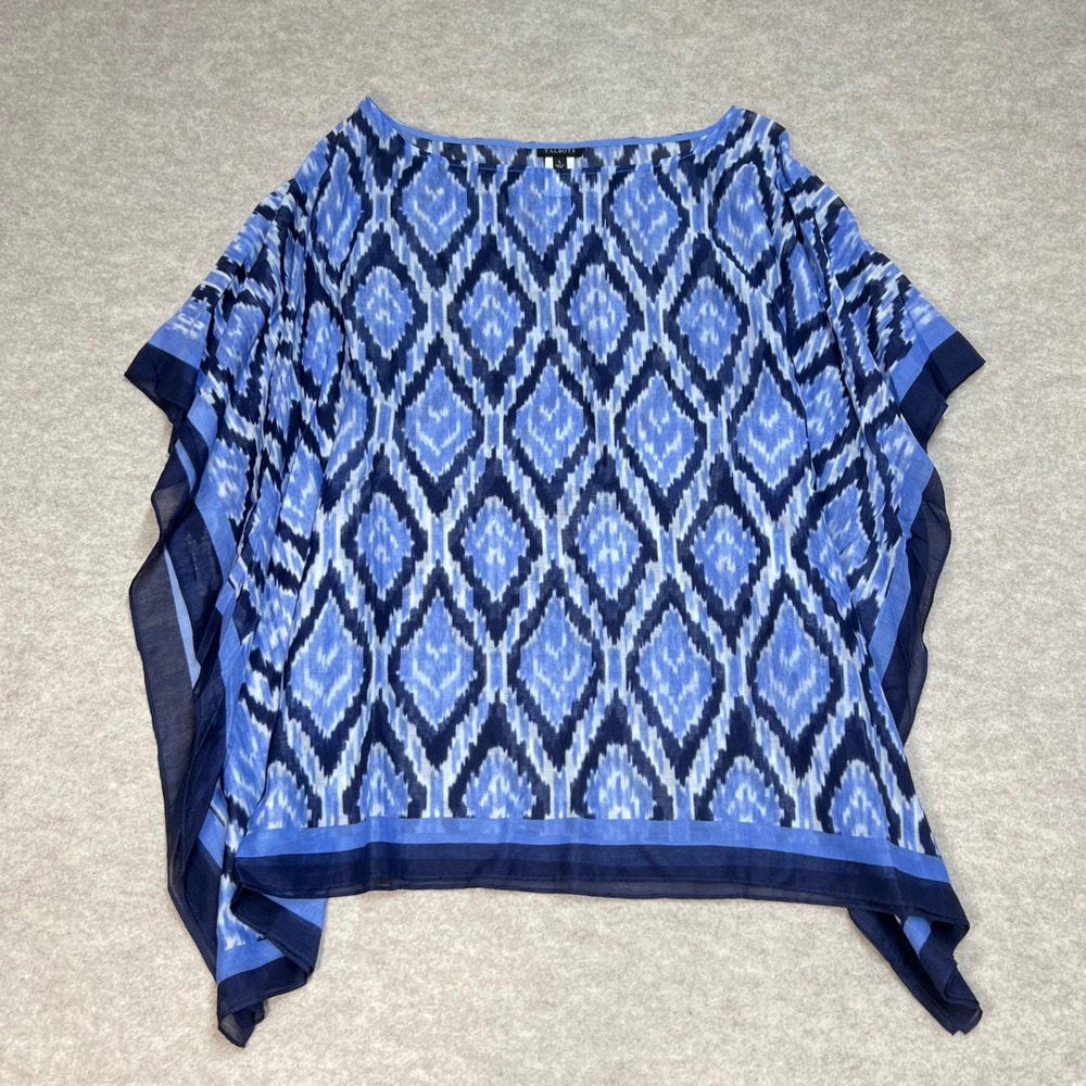 Talbots Blue Ikat Diamond Print Cotton Silk Blend Poncho Top Womens Large EUC
